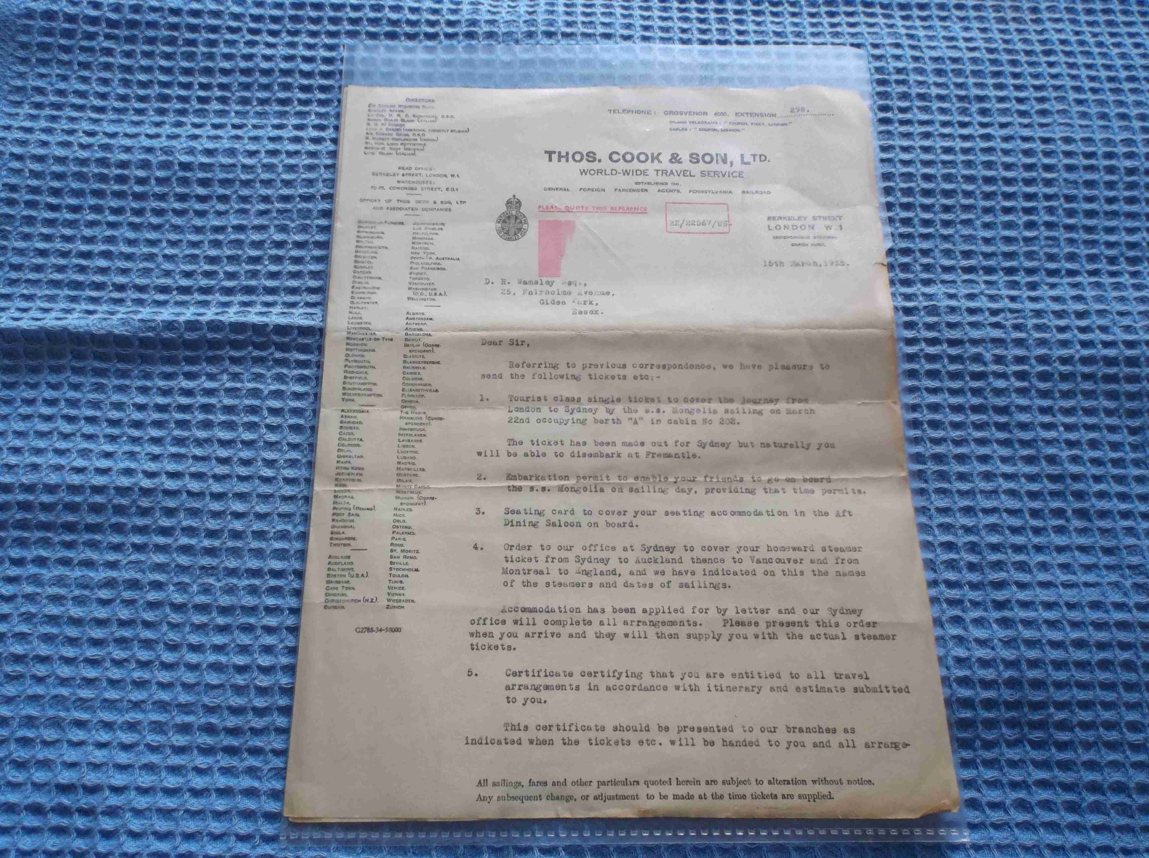 SAILING PAPER DETAILS FROM THE P&O LINER THE SS MONGOLIA DATED 5TH MARCH 1935